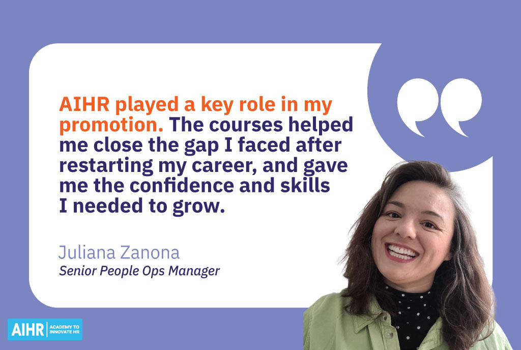 Quote highlighting Juliana’s promotion success with AIHR courses, mentioning confidence, skills, and career growth.
