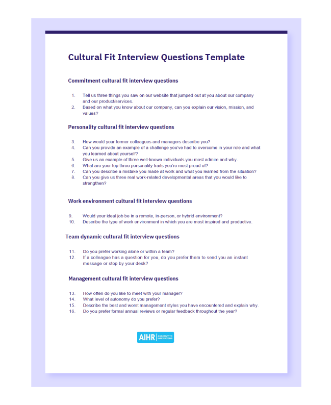 Cultural fit interview questions template preview in PDF.