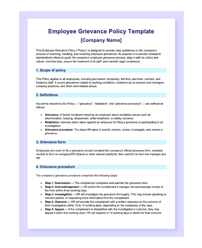 Preview of the Employee Grievance Policy Template in Word.