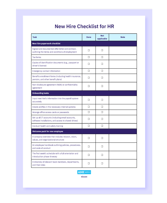 A preview of the new hire checklist for HR template in Word. 