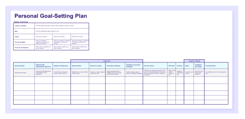 Preview of the template “Personal Goal-Setting Plan” in Excel.